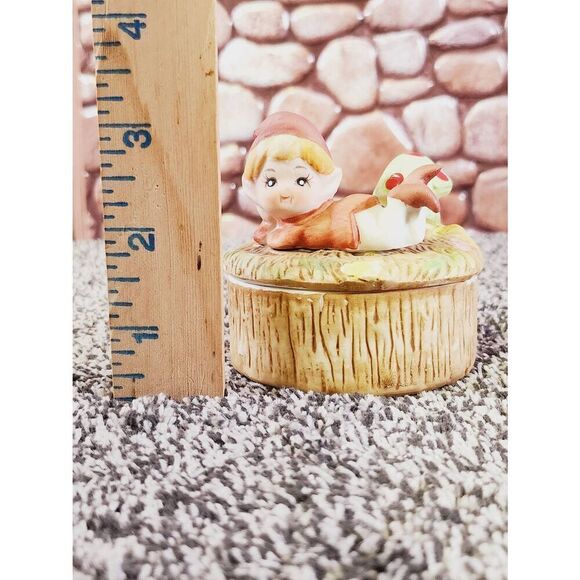 Vintage HOMCO Boy Pixie Elf Mushroom Round Trinket Dish Lidded Fairy Jar - Picture 8 of 8